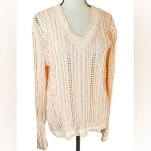 Lauren Ralph Lauren Pink Cable Knit Cotton Pointelle Sweater Preppy Coastal Sz M